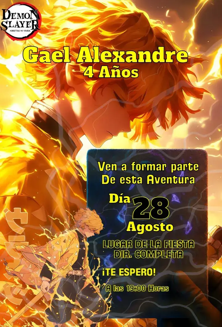 Invitación Zenitsu Agatsuma Demon Slayer