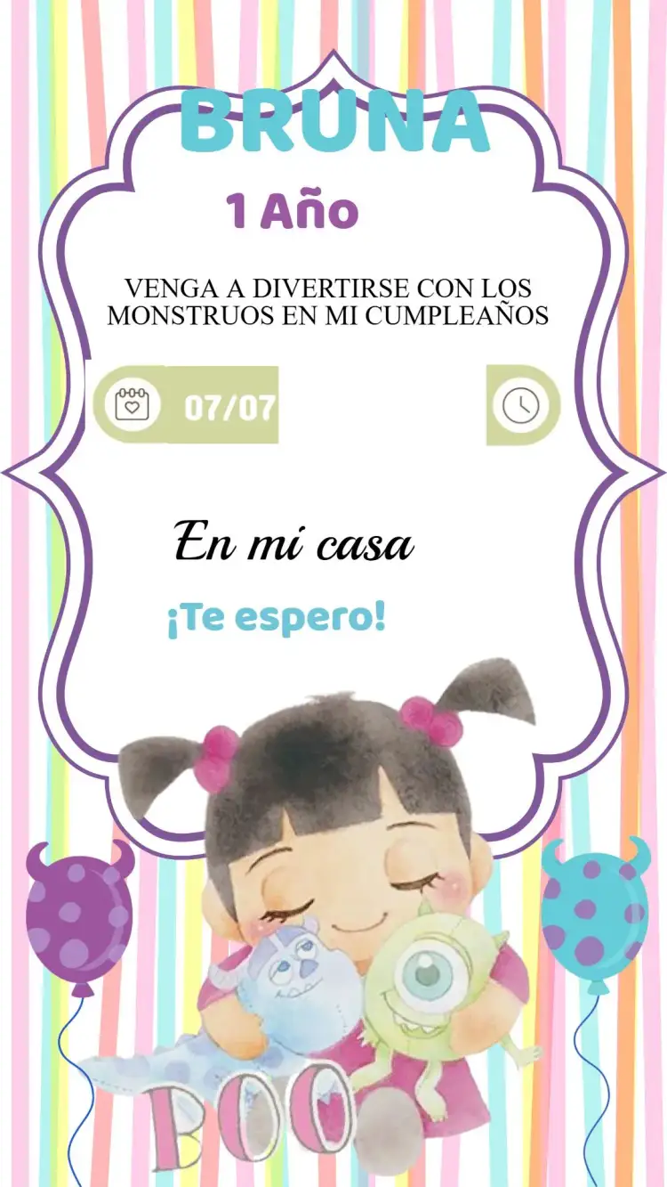 Invitación Invitación Cumpleaños Boo Monstruos SA – tema Cumpleaños Infantil colorido, divertido, ilustraciones de monstruos, juguetón, infantil