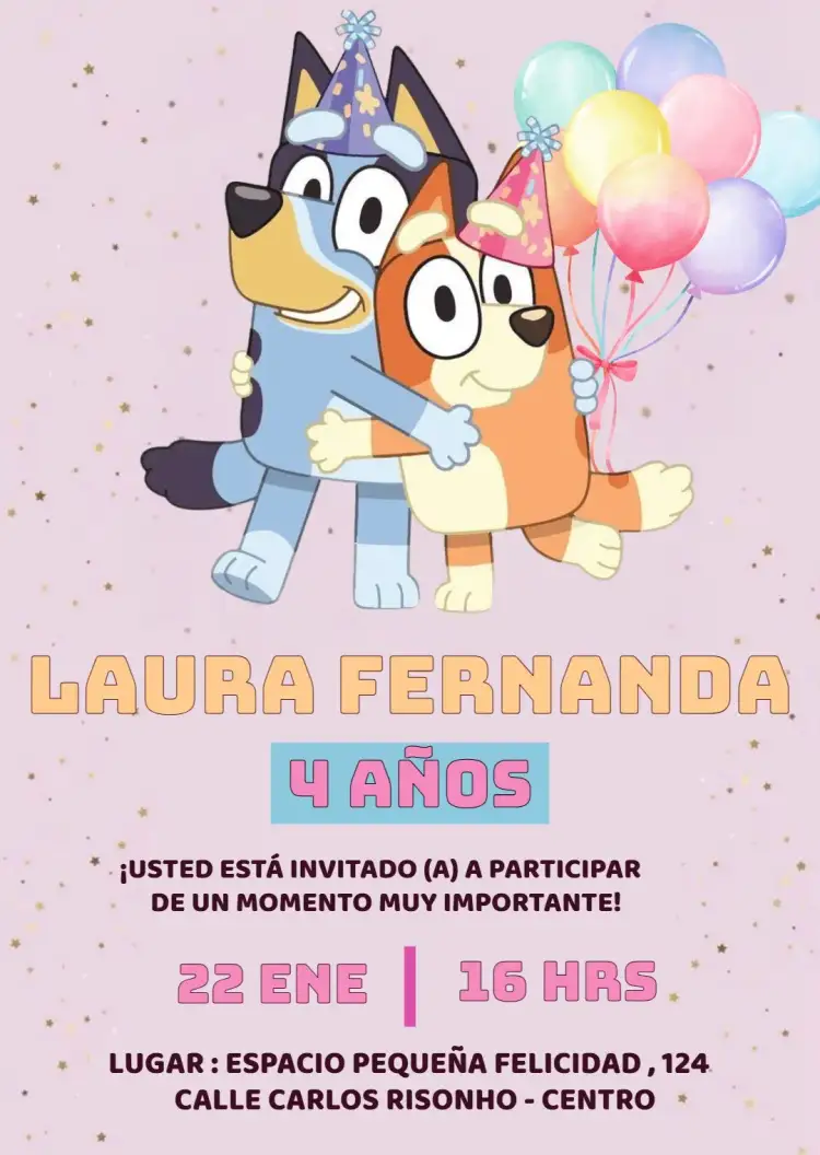 Invitación Bluey Y Bingo Bday – tema Cumpleaños Infantil azul, rosa, lúdico, divertido, infantil, moderno