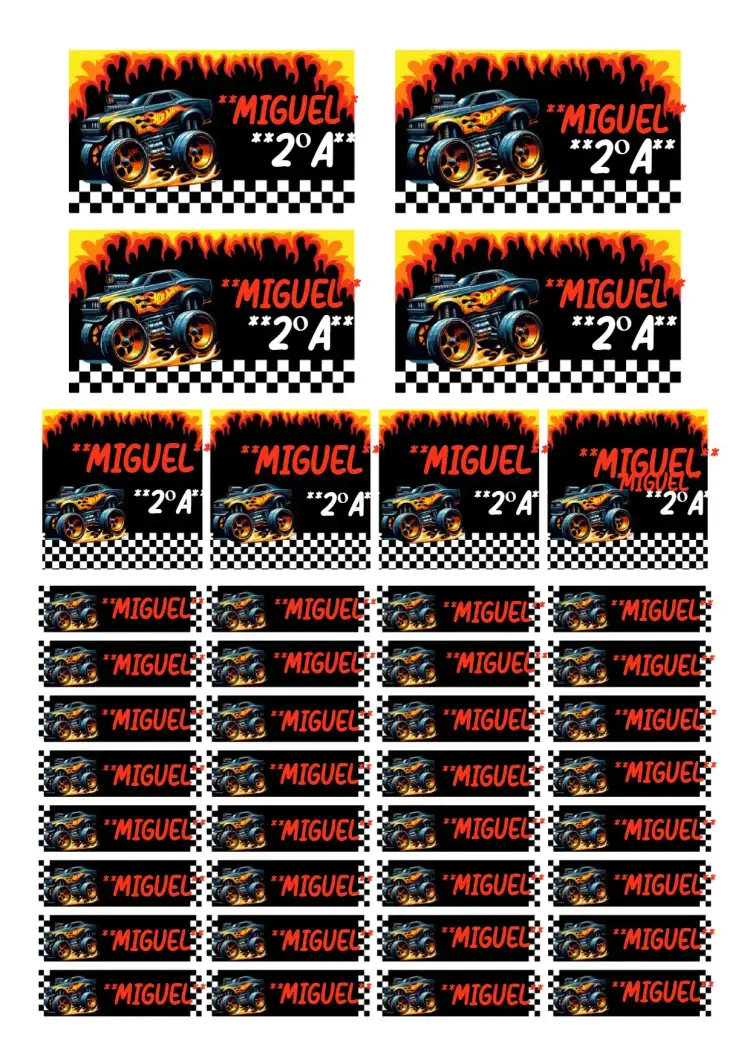Invitación Etiqueta escolar Hot Wheels – tema Más buscados estilo automovilístico, colores vibrantes, diseño dinámico, elementos de carreras, temática infantil
