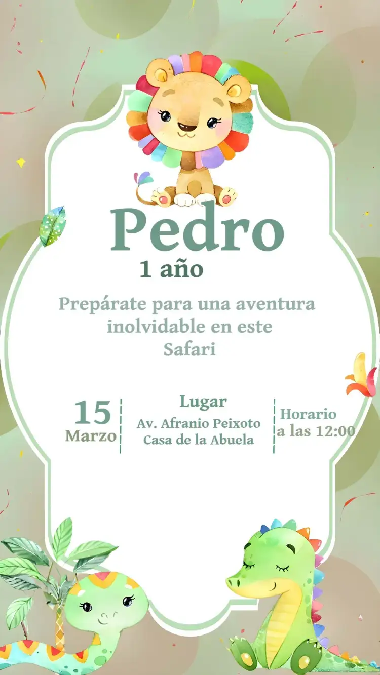 Invitación Safari Hojas – tema Cumpleaños Infantil tropical, colorido, divertido, natural, moderno