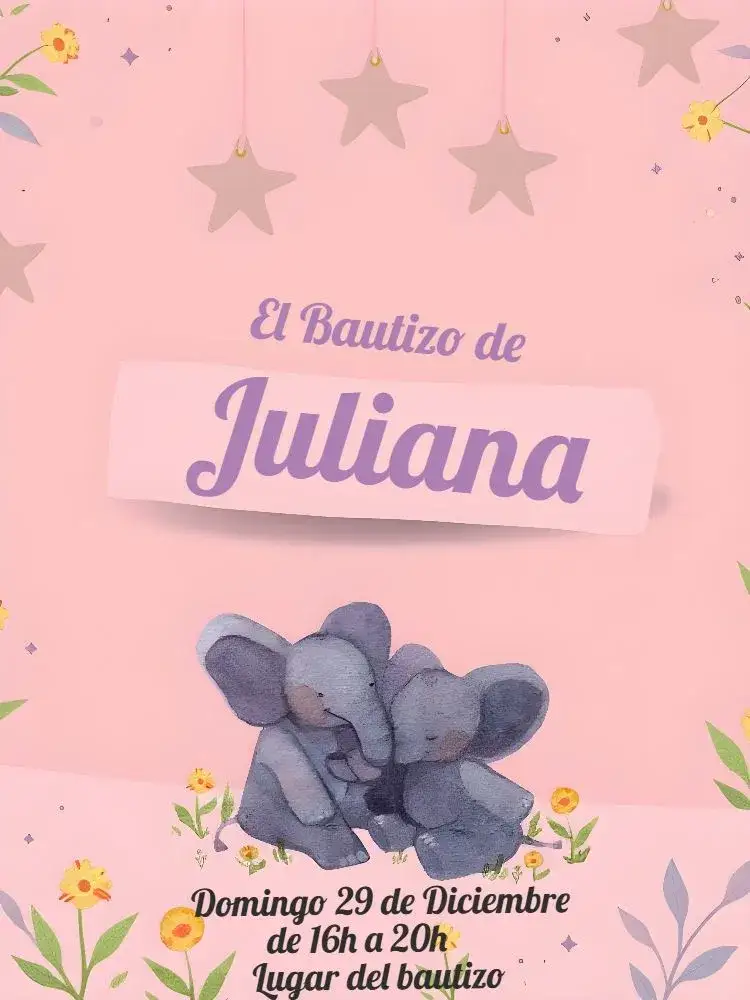 Invitación Batismo Tema Elefantito – tema Bautismo rosa, blanco, morado, elefantito, lúdico, infantil