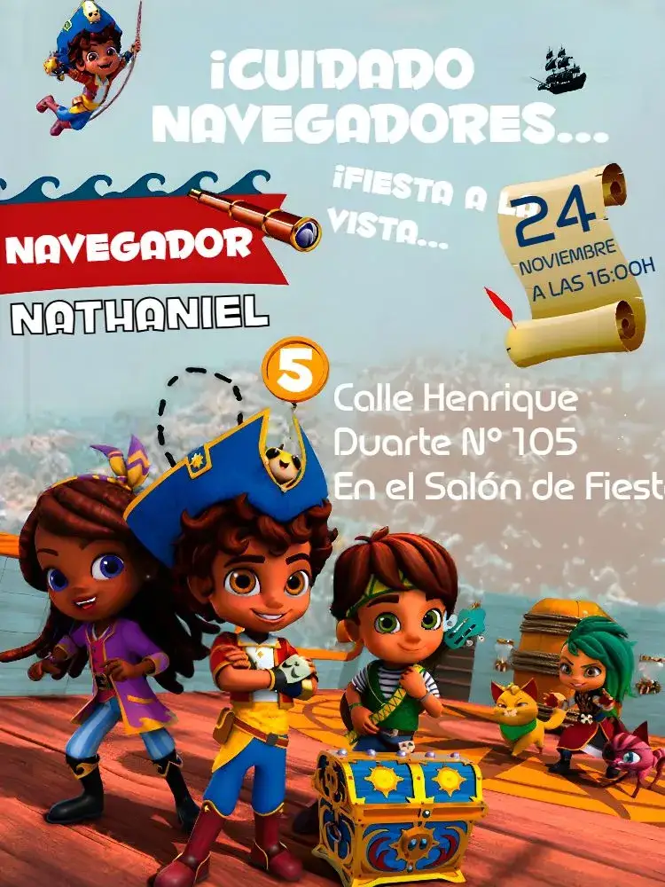 Invitación Santiago Dos Mares Navio – tema Fechas Conmemorativas temático marítimo, temático infantil, temático colorido, temático divertido, temático de navegação, temático aventureiro