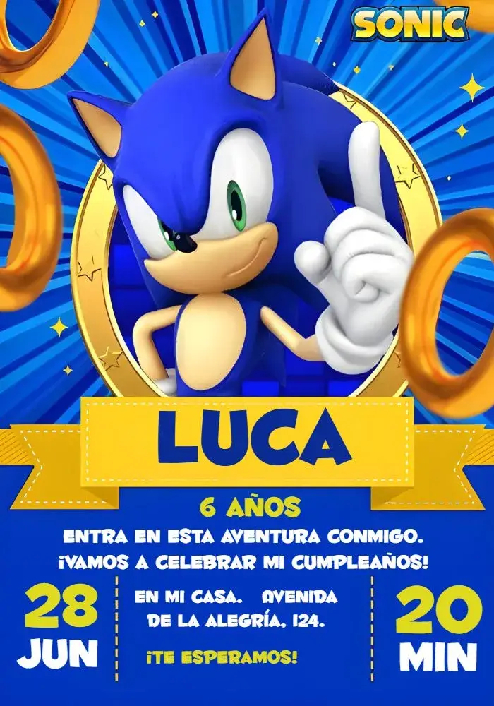 Invitación Covnite Sonic Juego editable y personalizable