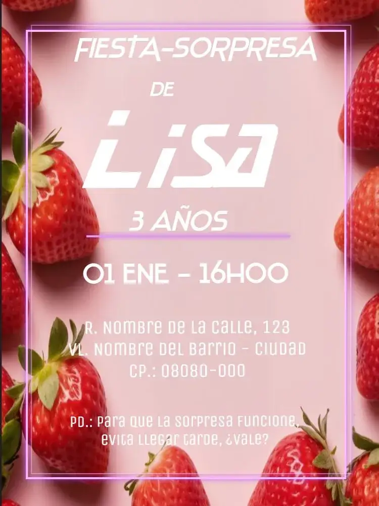 Invitación Fiesta Virtual Sorpresa de Fresa – tema Cumpleaños Infantil colorido, divertido, lúdico, temático, infantil, frutado