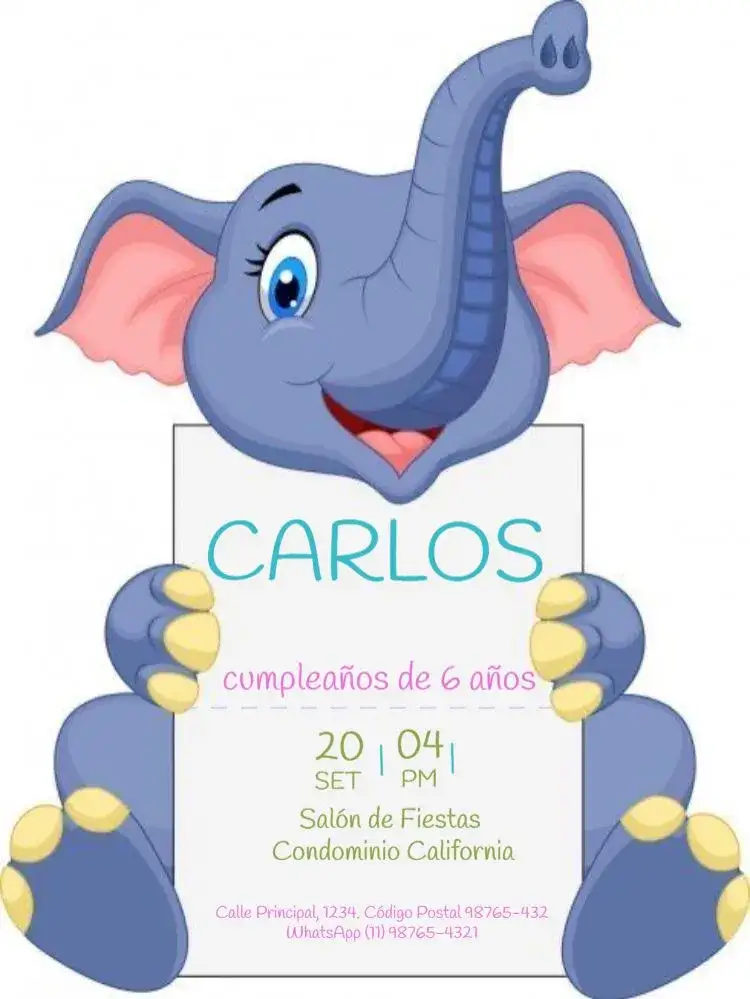 Invitación Elefante Para Editar Niña – tema Cumpleaños Infantil lúdico, colorido, animal, suave, festivo, alegre