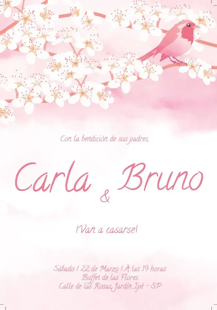 Invitación Boda Rosa - Flor Y Pájaro Floral