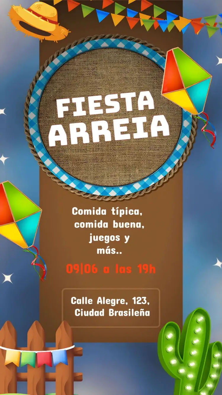 Invitación Fiesta Junina Balão – tema Fechas Conmemorativas colorido, tradicional, festivo, vibrante, rústico, alegre