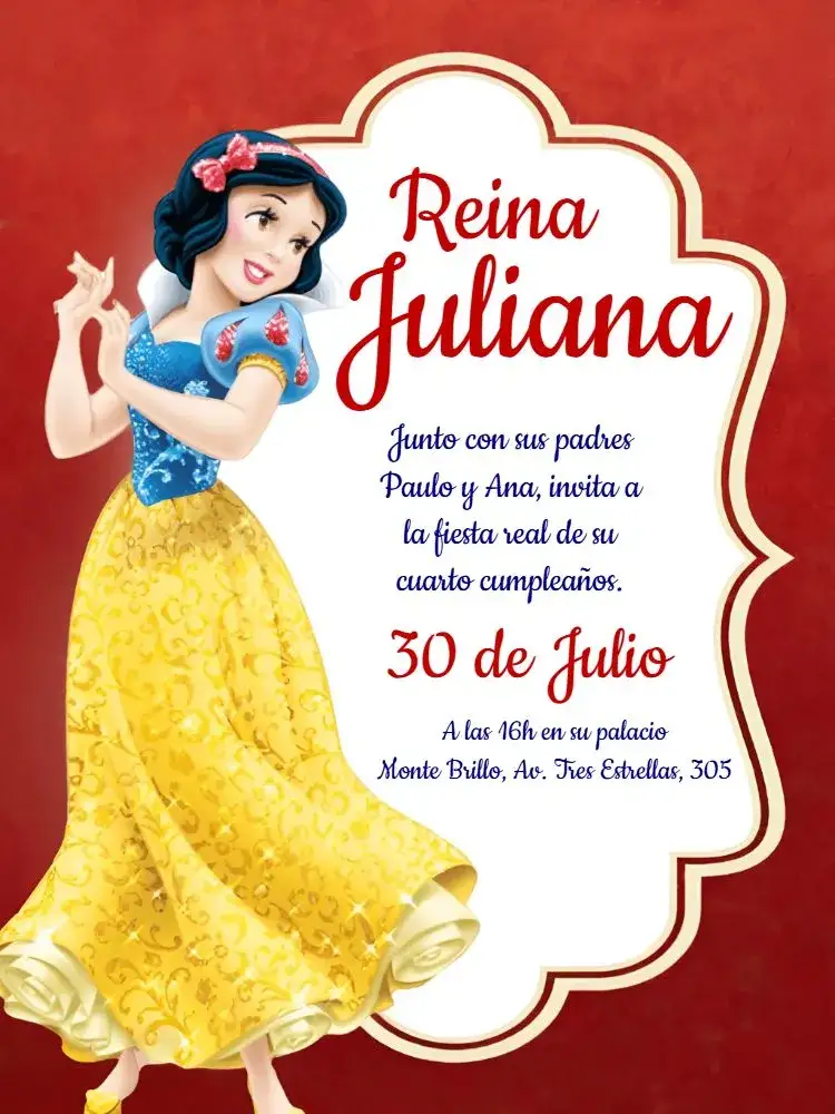 Invitación Blanca Nieves – tema Cumpleaños Infantil temático, de fantasía, lúdico, colorido, divertido