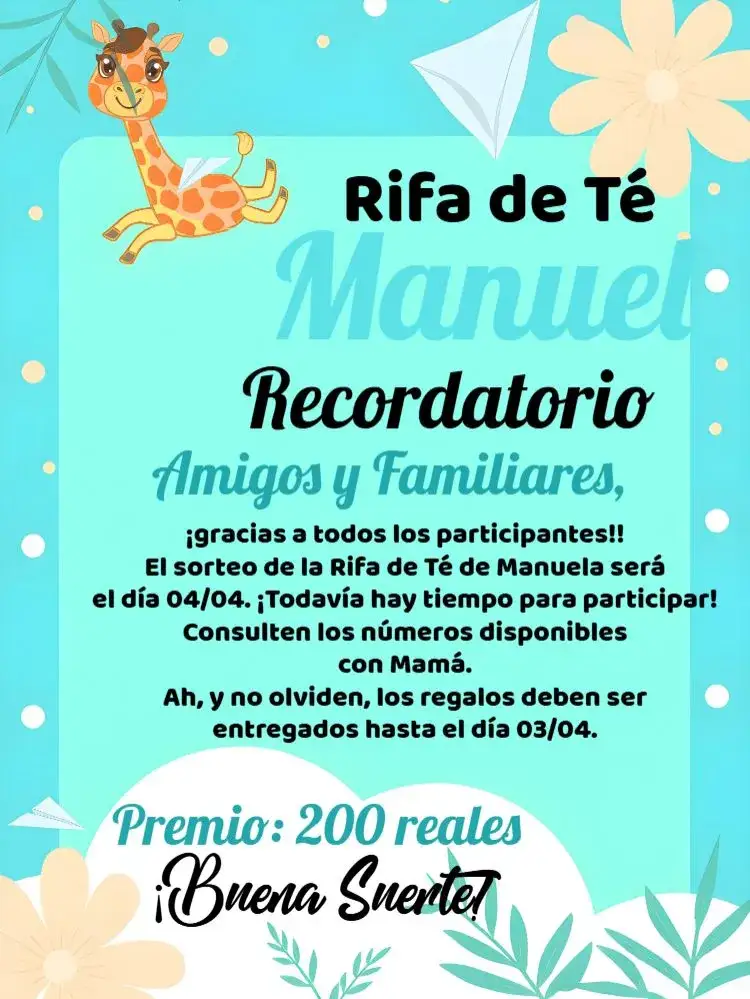 Invitación Recordatorio De Rifa de Baby Shower Jirafa Azul – tema Té Rifa azul, divertido, infantil, moderno, colorido
