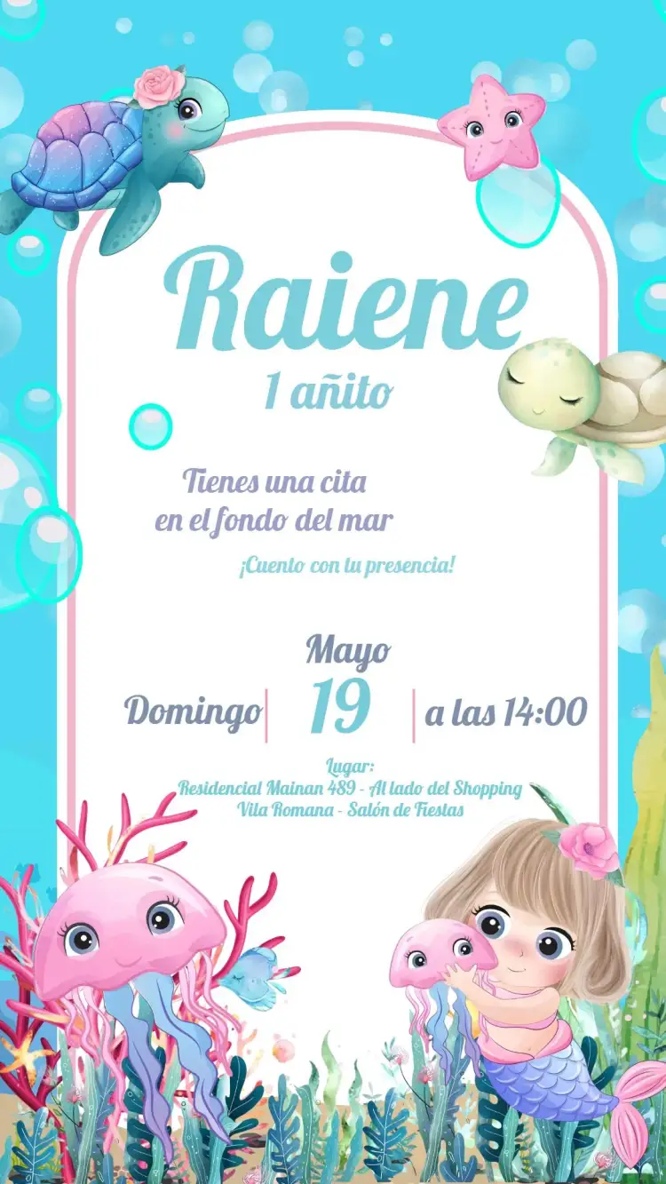 Invitación Fondo Del Mar Tortuga – tema Cumpleaños Infantil acuarela, marino, colorido, divertido, infantil, temático