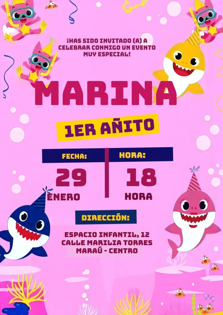 Invitación Baby Shark Xark – tema Cumpleaños Infantil colorido, oceánico, divertido, infantil, temático