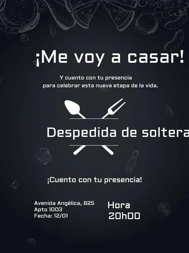 Invitación Celebración de Despedida de Soltera – tema Despedida de Soltera elegante negro, minimalista, moderno, sofisticado, informal