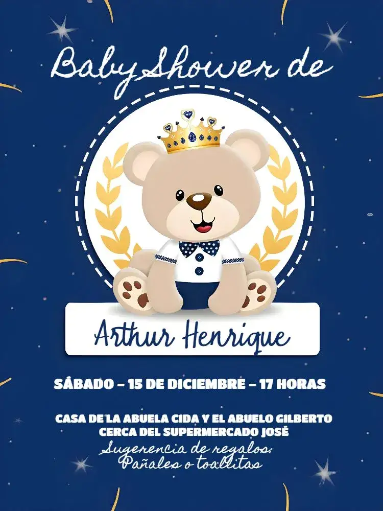 Invitación Baby Shower Príncipe Oso Príncipe – tema Despedida de Soltera azul marino, dorado, oso de peluche, corona, minimalista, encantador