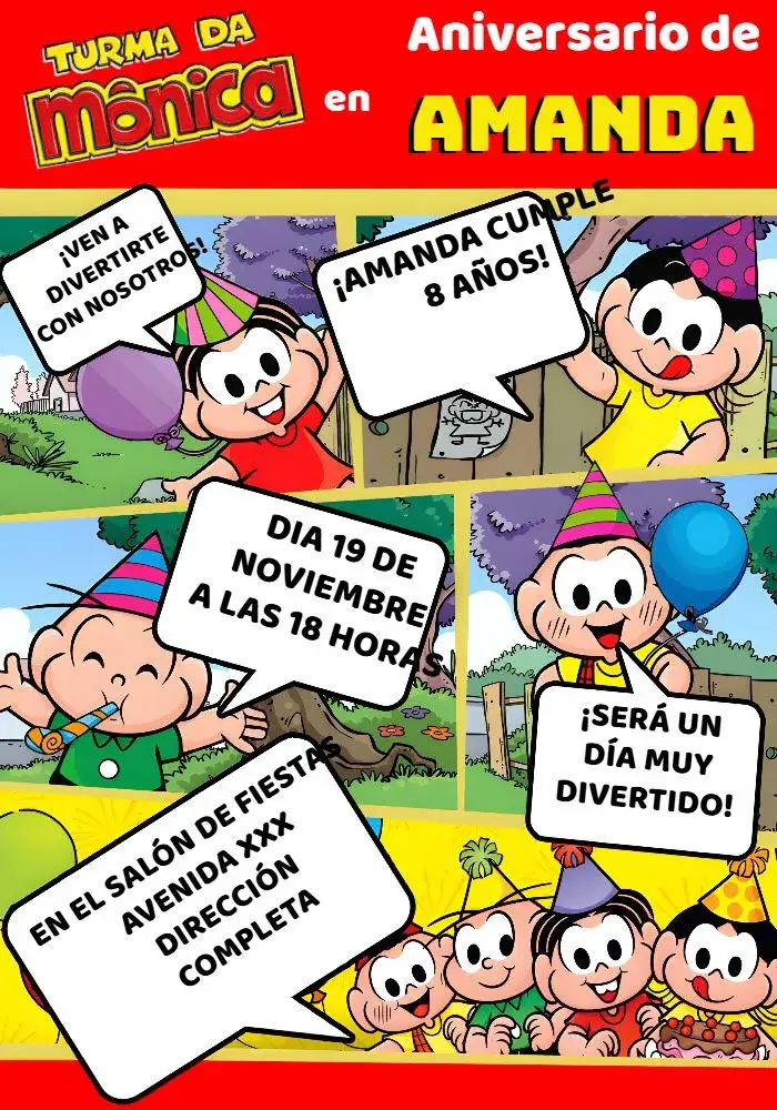 Invitación Turma De La Mónica Verde – tema Cumpleaños Infantil colorido, juguetón, infantil, divertido, ilustraciones, temático