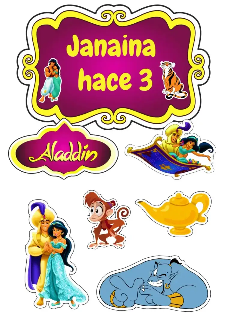 Invitación Topper de Pastel Aladino – tema Topper de torta colores vibrantes, estilo lúdico, elementos mágicos, inspirado en Disney, diseño infantil, ilustraciones encantadoras