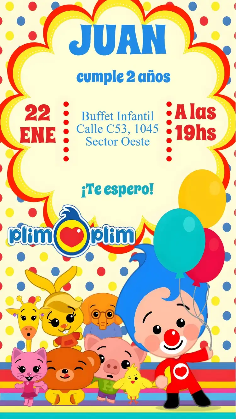 Invitación Plim Plim – tema Cumpleaños Infantil colorido, lúdico, divertido, moderno, infantil