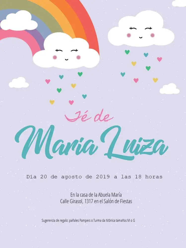 Invitación Lluvia De Amor Corazón – tema Baby Shower lindo, sutil, colorido, infantil, romântico, nubes
