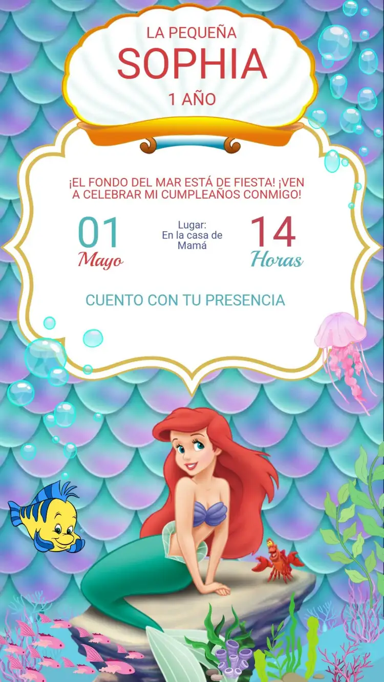 Invitación Invitación Digital Cumpleaños La Sirenita Ariel – tema Cumpleaños Infantil azul marino, colorido, lúdico, fantasía, tropical