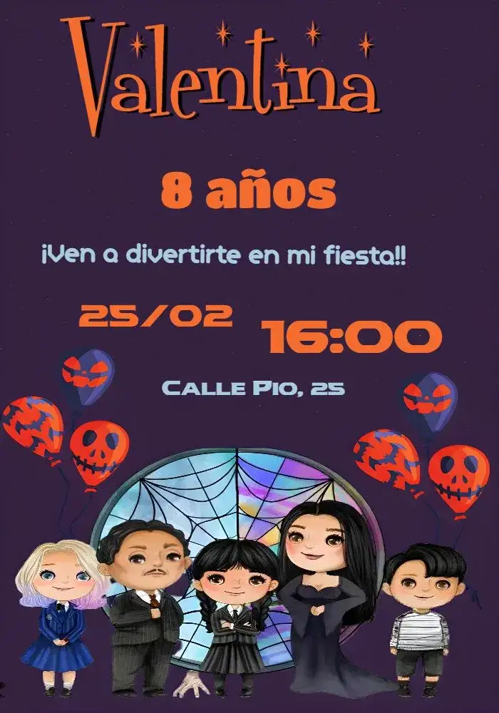 Invitación Wandinha Addams Azul – tema Fechas Conmemorativas azul, negro, naranja, blanco, temático, divertido