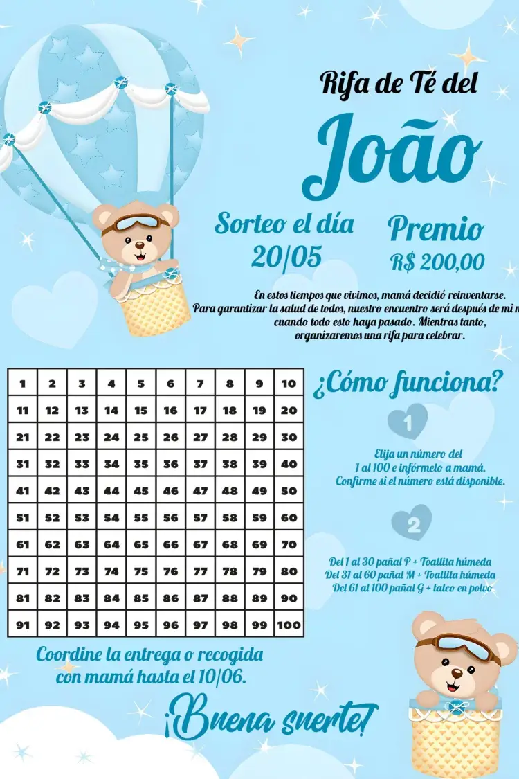 Invitación Té Rifa Osito Globos Aerostáticos Cartón