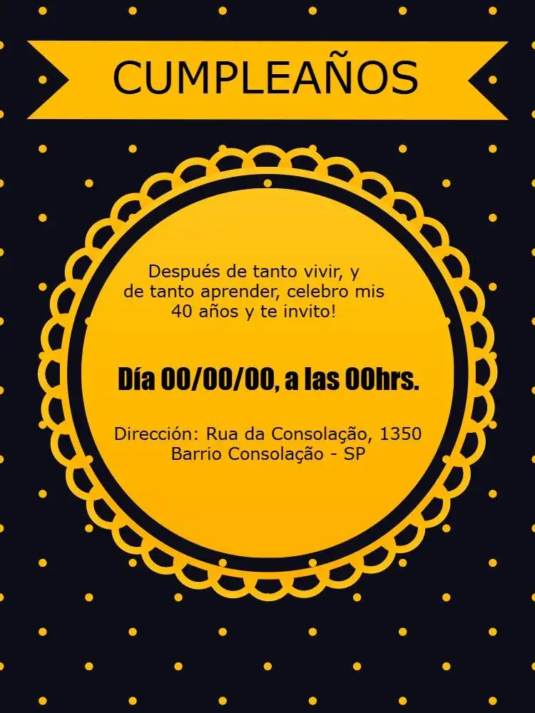 Invitación En línea – tema Cumpleaños amarillo, negro, de lunares, femenino, moderno, divertido