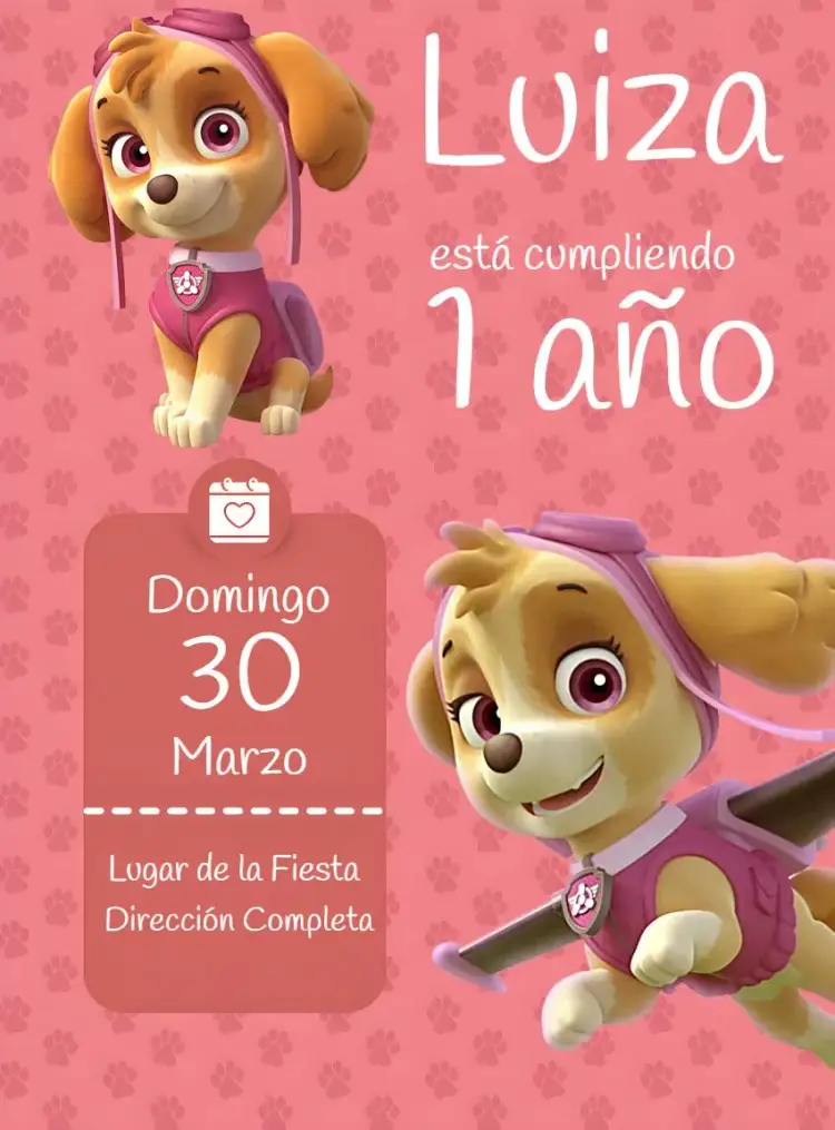 Invitación Skye Patrulla Canina Chica – tema Cumpleaños Infantil rosa, divertido, infantil, temático, colorido, aquarela
