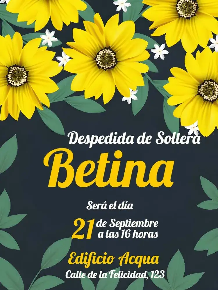 Invitación Despedida de Soltera Regalos – tema Despedida de Soltera floral, moderno, amarillo, girasol, elegante, divertido