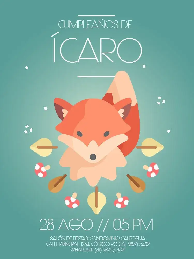 Invitación Zorrito Moderno Verde – tema Cumpleaños Infantil moderno, lúdico, animales, colorido, divertido