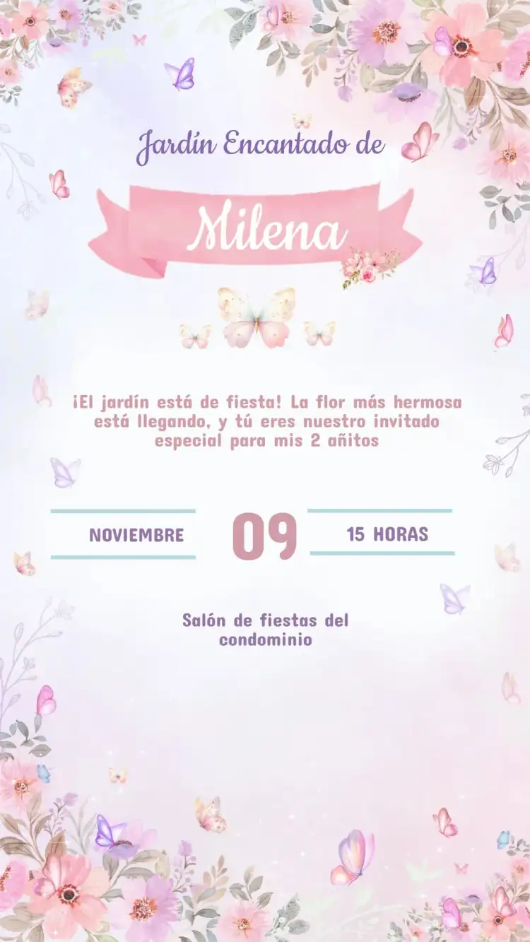 Invitación Cumpleaños JARDÍN DE LAS MARIPOSAS
