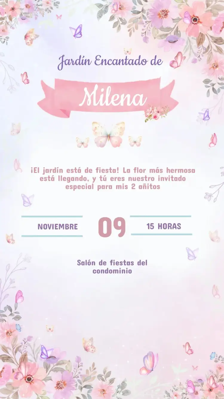 Invitación Invitación Cumpleaños JARDÍN DE LAS MARIPOSAS – tema Cumpleaños Infantil colorido, floral, lúdico, alegre, infantil