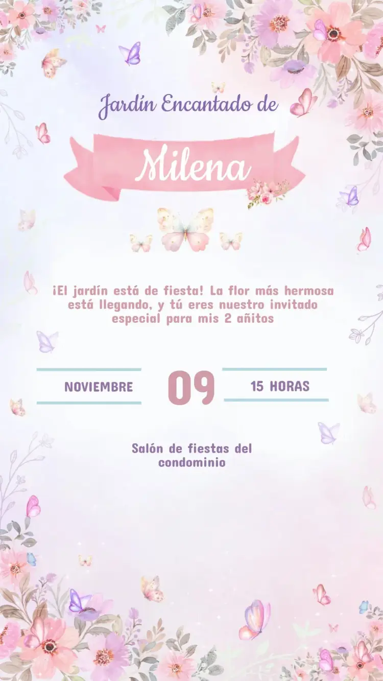 Invitación Cumpleaños JARDÍN DE LAS MARIPOSAS