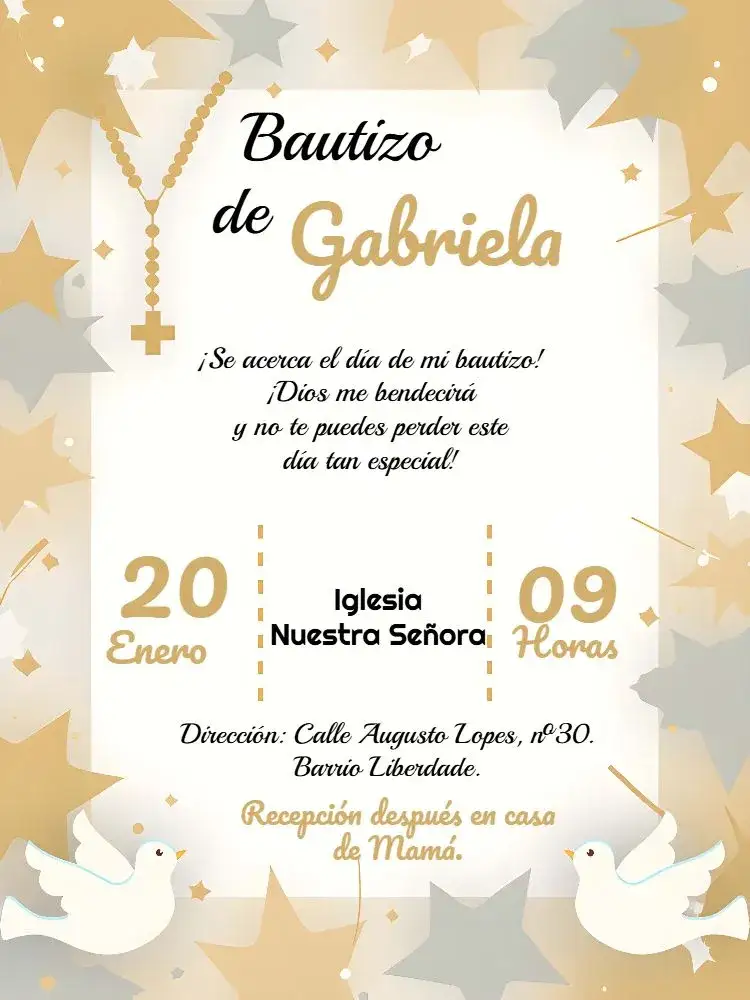 Invitación Bautizo Rosario Madrina – tema Bautismo blanco, dorado, religioso, angelito, minimalista, neutral