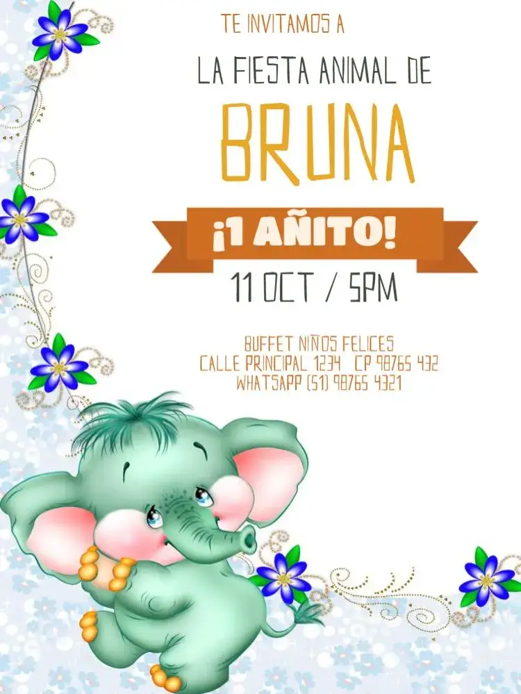 Invitación Elefantito Para Editar Beige – tema Cumpleaños Infantil safari, animal, lúdico, claro, colorido, tropical