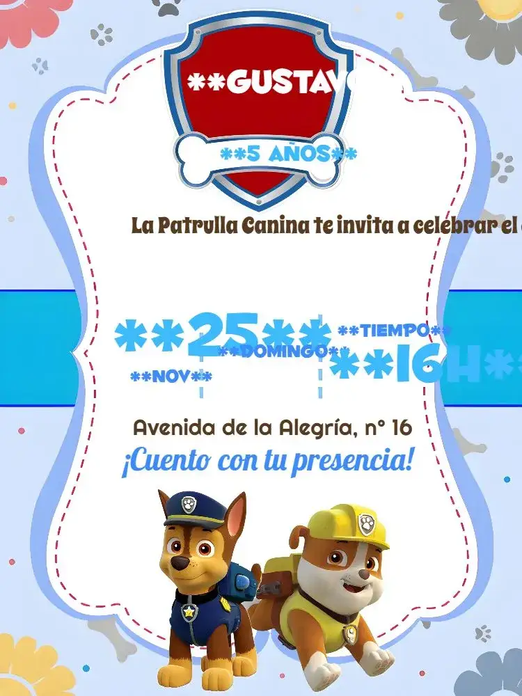 Invitación Patrulla Canina Marrón – tema Cumpleaños Infantil marrón, azul, blanco, temática infantil, divertido, ilustraciones de perro