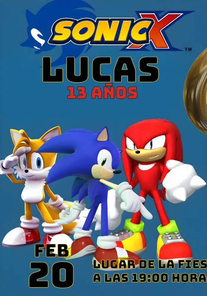 Invitación Sonic Azul – tema Más buscados azul, divertido, juegos, personajes, infantil, dinámico
