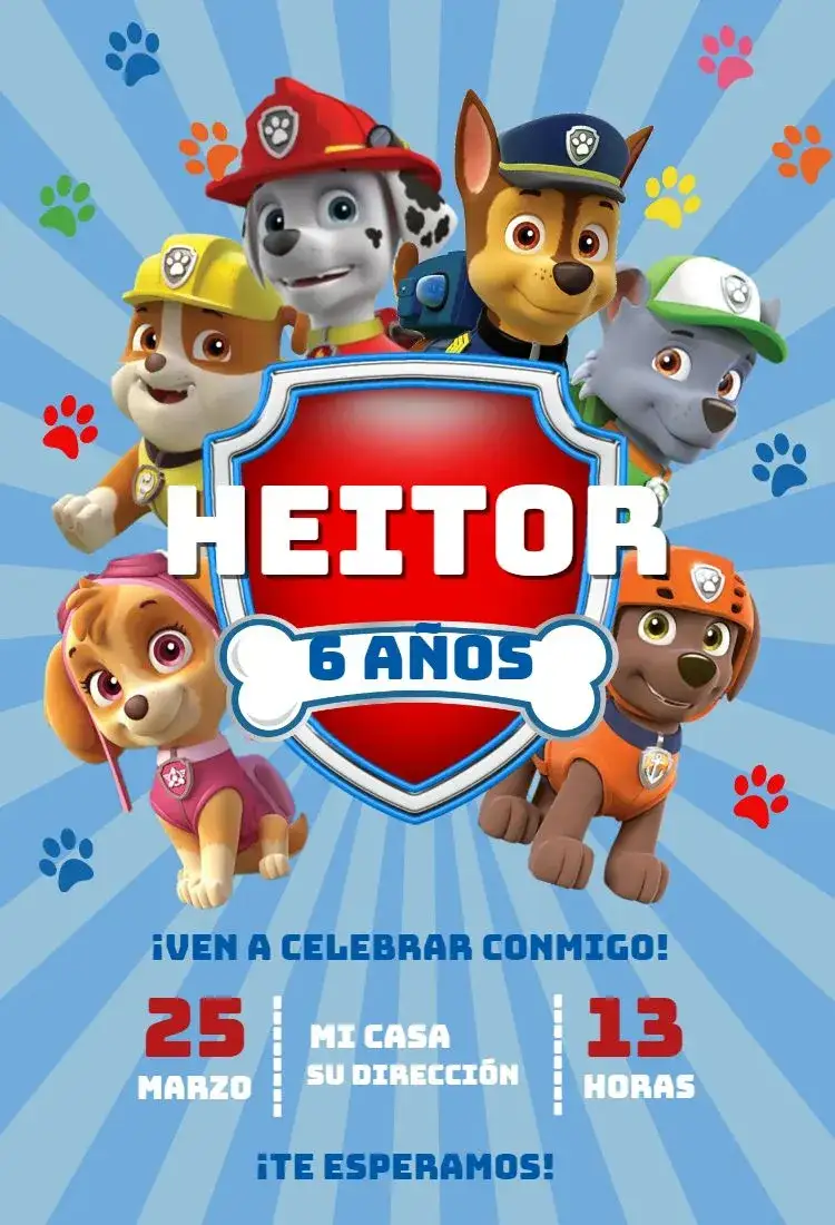 Invitación Patrulla Canina 2 – tema Cumpleaños colorido, infantil, divertido, temático, dinámico, animado