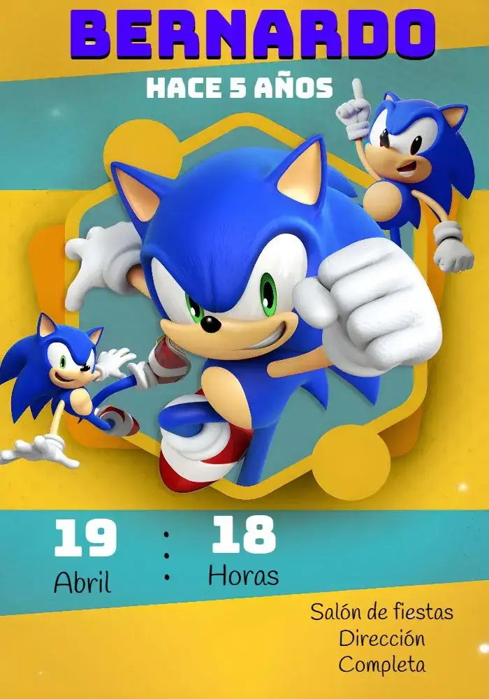Invitación Sonic – tema Más buscados azul, lúdico, juegos, moderno, divertido, temático