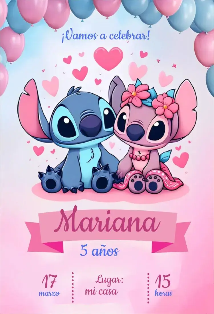 Invitación Stitch y Angel azul y rosa editable y personalizable