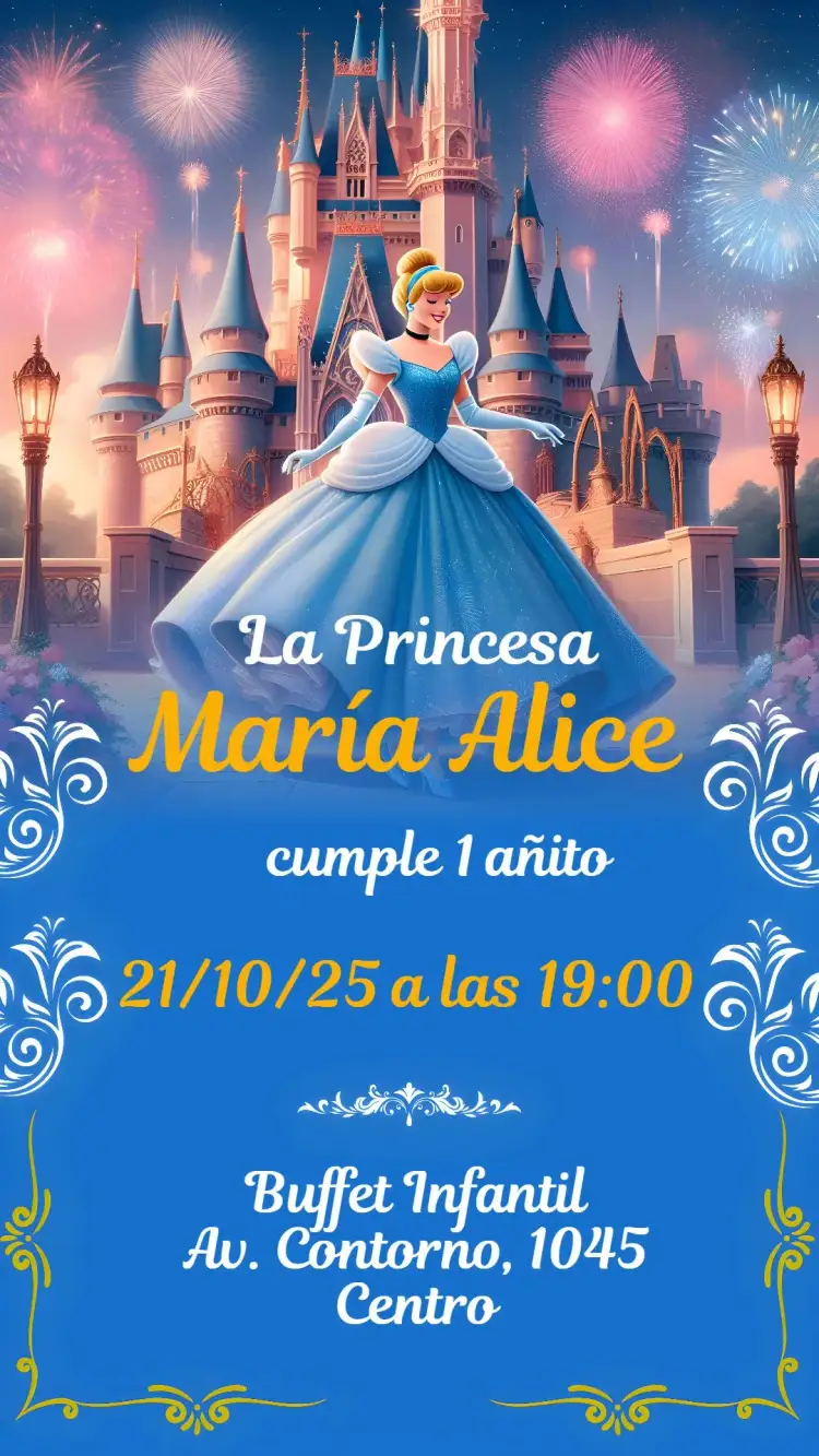 Invitación Cenicienta – tema Cumpleaños Infantil colores suaves, elementos de realeza, estilo encantado, mágico, ilustraciones de cuento de hadas, detalles en dorado