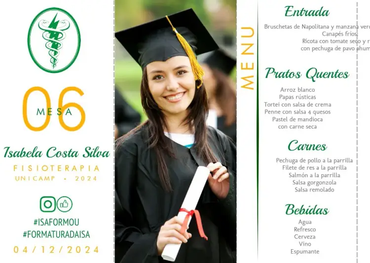 Invitación Menú Triángulo Graduación Fisioterapia con Foto Carta