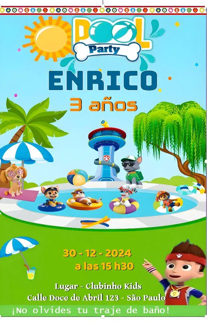 Invitación Pool Party Patrulla Canina Colorido – tema Cumpleaños Infantil colorido, divertido, infantil, temático, animado