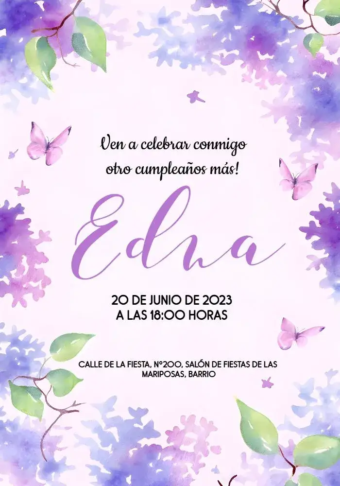Invitación Mariposa Adulto – tema Cumpleaños naturaleza, acuarela, elegante, colorido, moderno, floral