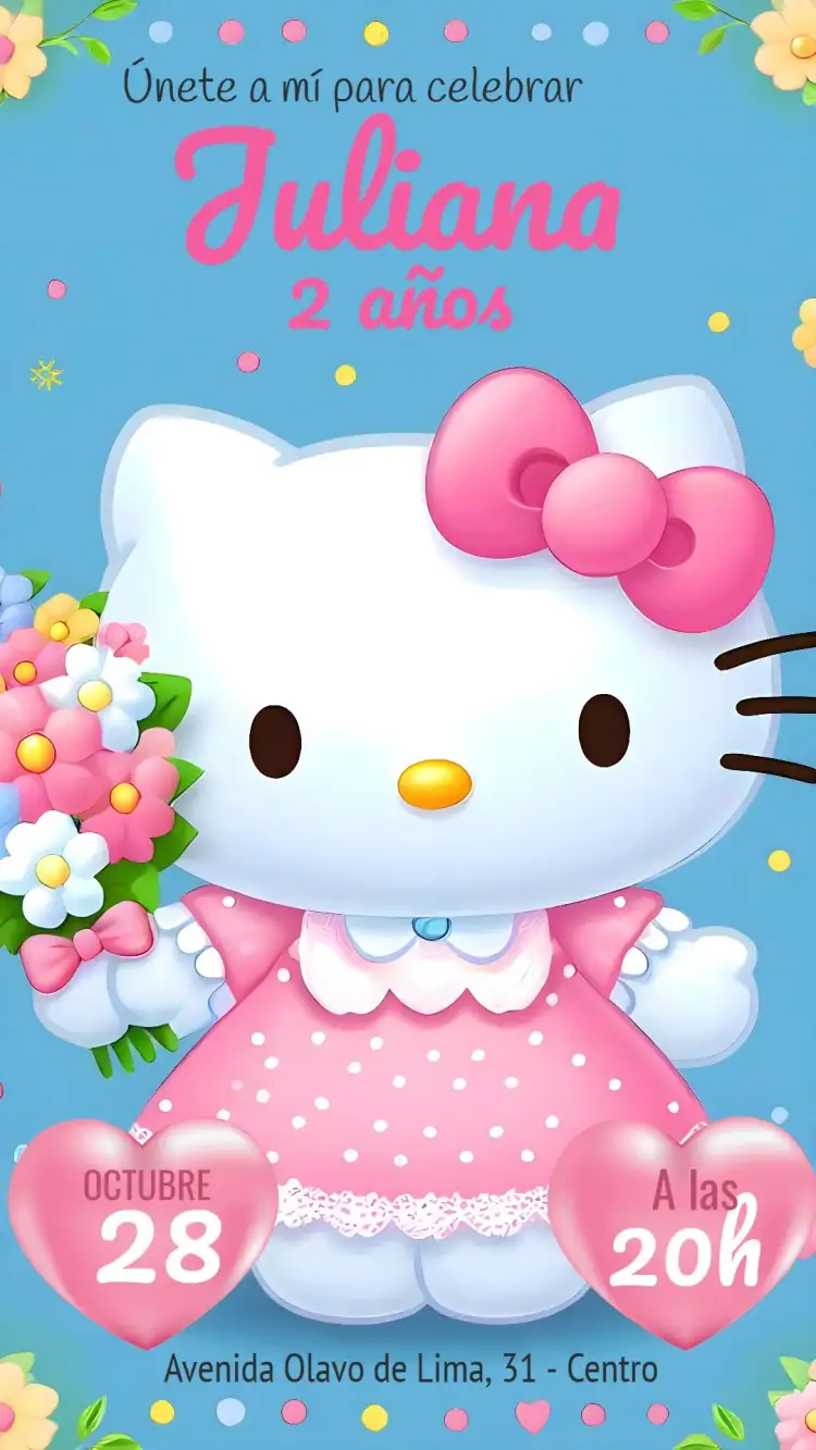 Invitación Hello Kitty Flores – tema Más buscados floral, delicado, infantil, colorido, moderno, divertido