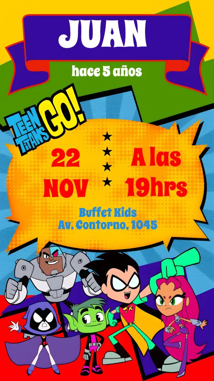 Invitación Jóvenes Titanes – tema Cumpleaños Infantil colorido, divertido, moderno, animado, jovial