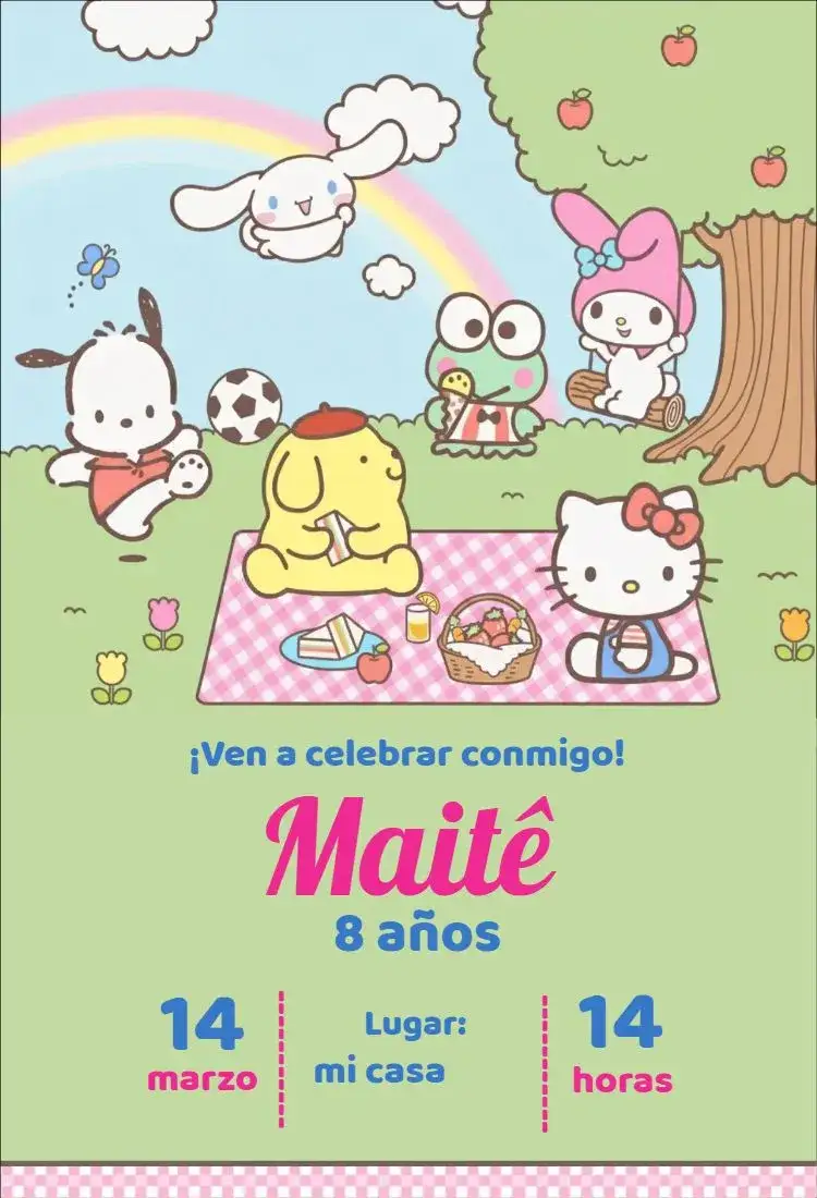 Invitación Invitación Hello Kitty Picnic – tema Cumpleaños Infantil colores pastel, estilo lúdico, elementos naturales, ilustraciones infantiles, diseño divertido, temática de picnic