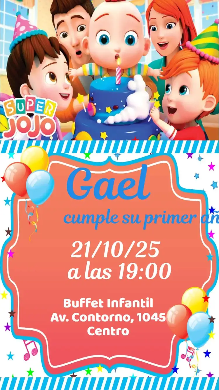Invitación Super Jojo – tema Cumpleaños Infantil colorido, lúdico, divertido, moderno, temática infantil, alegre