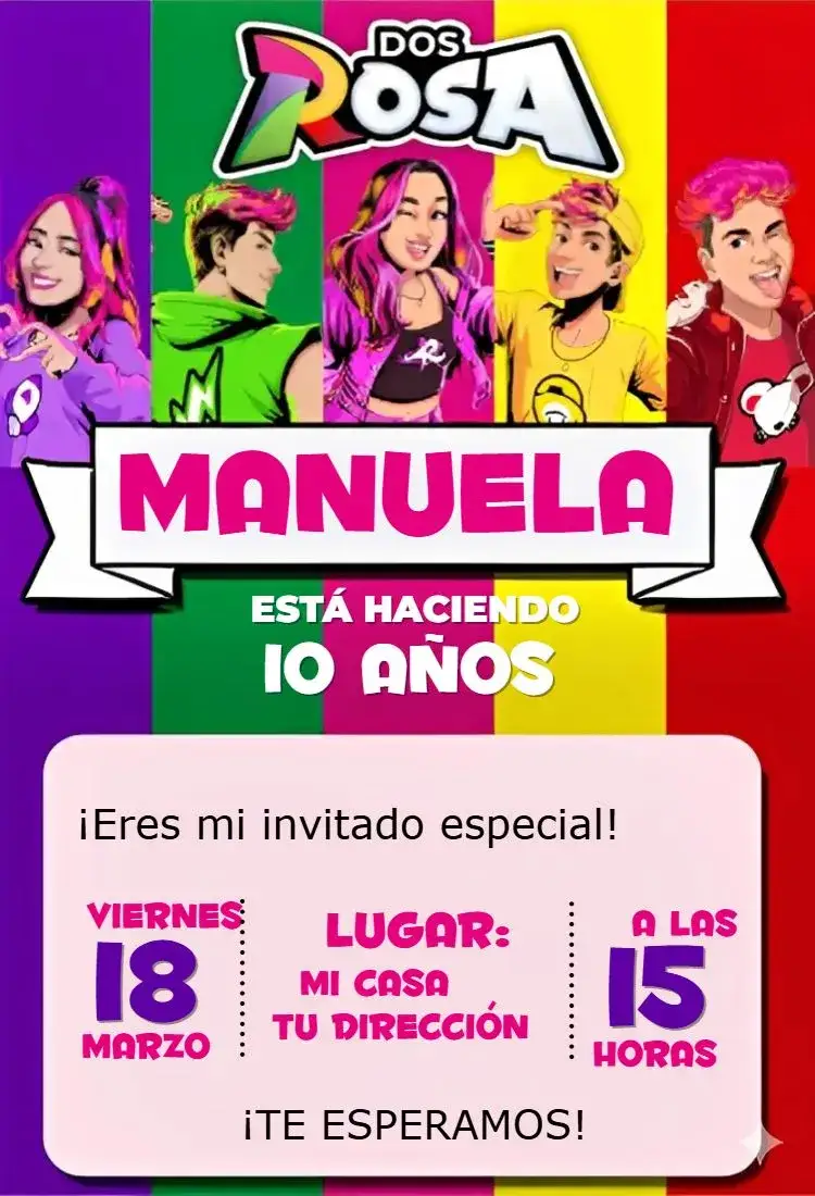 Invitación Invitación Emily Vick diseño 1 – tema Cumpleaños Infantil colorido, divertido, infantil, rosas, moderno, temático