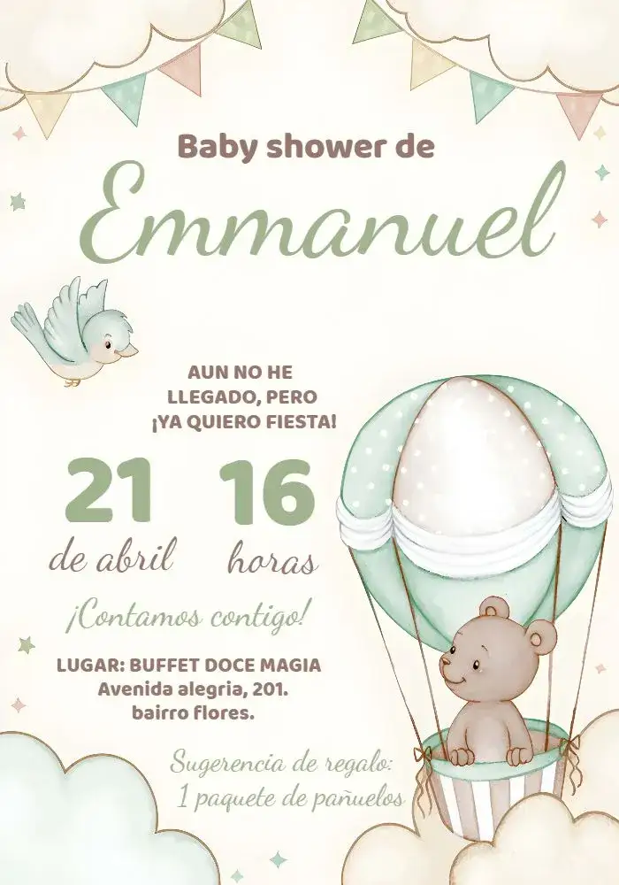Invitación Baby Shower Oso Globos Verde – tema Baby Shower oso, globos, verde, marrón, infantil, divertido