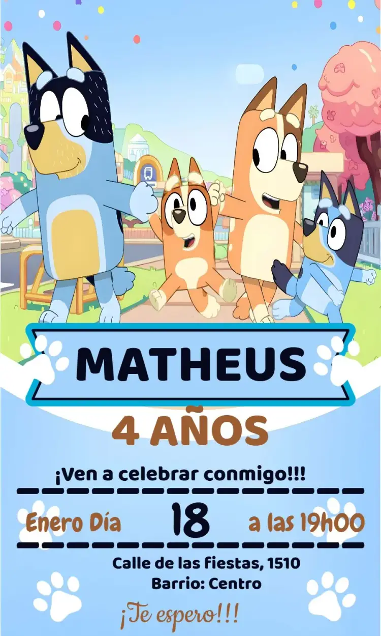 Invitación Bluey E Bingo Disney editable y personalizable